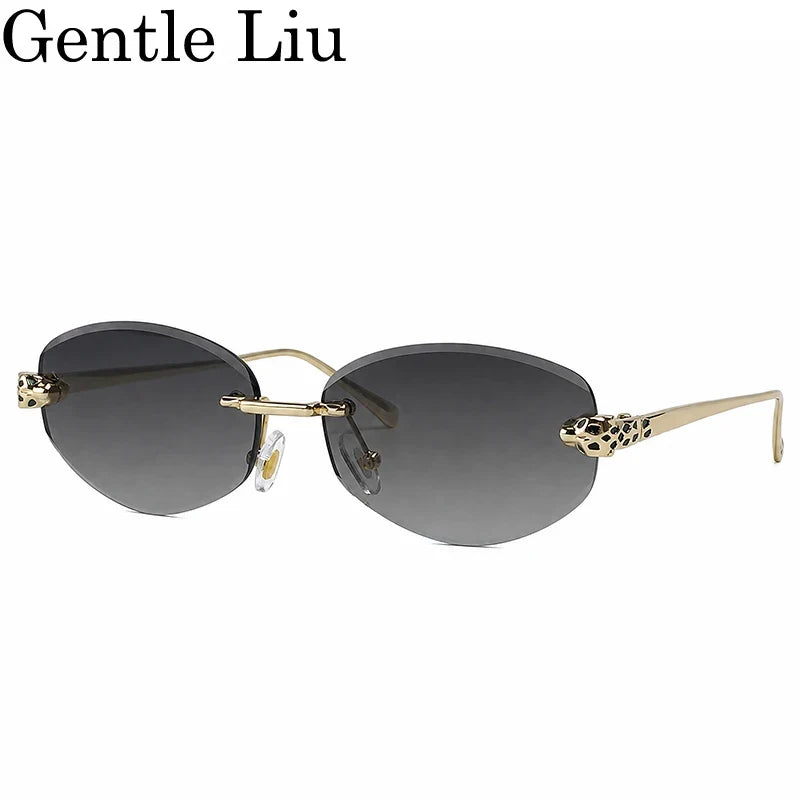 Rimless Leopard Head Sunglasses Men Luxury Designer Vintage Small Oval Sun Glasses Male Metal Frame Eyewear Retro Driving Shades