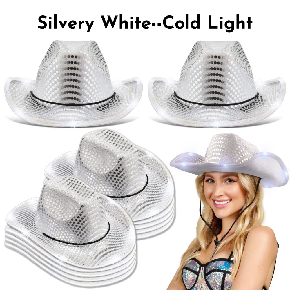 6-20pcs Light Up Cowboy Hats LED Flashing Cowgirl Hats Western Cowboy Hats for women for Wedding Reception Dance Ball Party