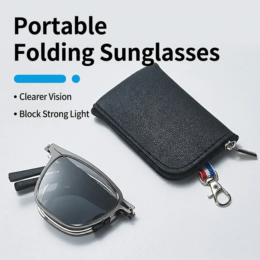 Men Photochromic Polarized Sunglasses Lightweight Foldable With Bag Classic Square Metal Frame hinged For Driving And Fishing