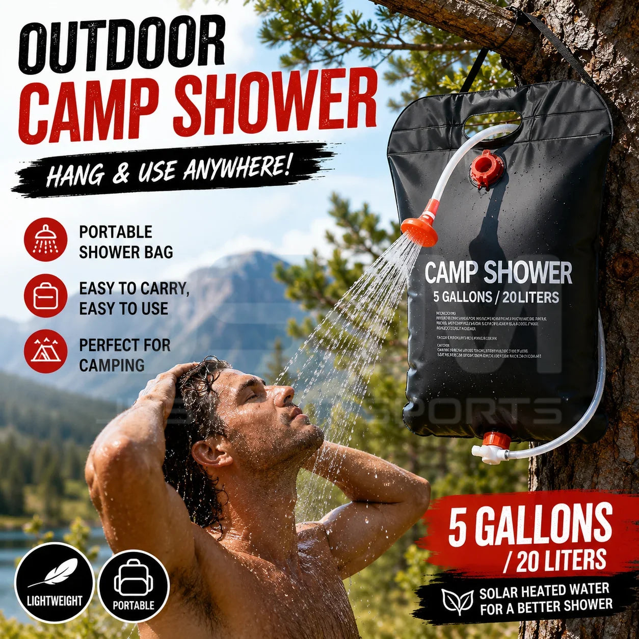 20L/25L Solar Camping Shower Bag Portable Outdoor Shower Bag with Shower Head Foldable Water Storage Bag for Hiking Travel Campi