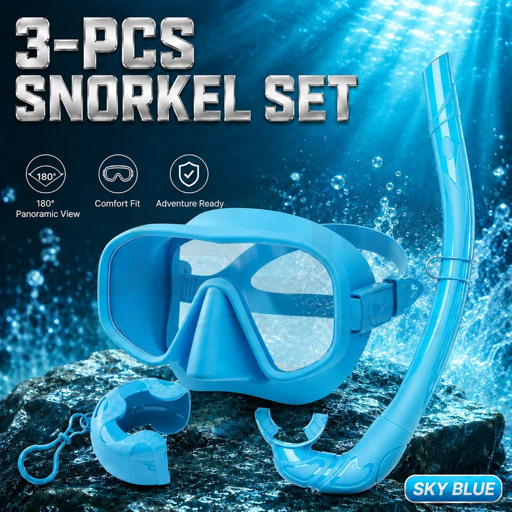 JSJM New 3PCS Snorkel Set Diving Mask Wet Snorkel Anti Fog Leak Proof Tempered Glass Wide View Silicone for Adults Men Women