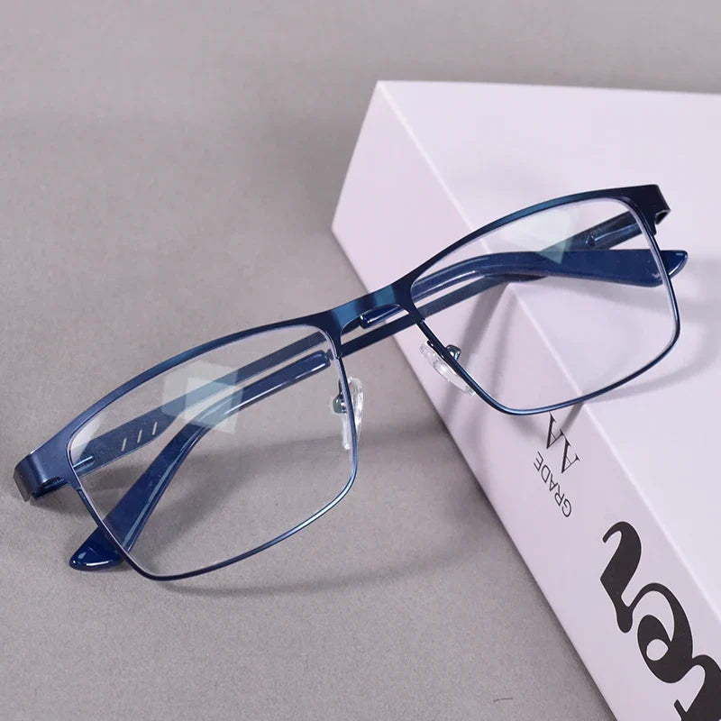 May Flower Anti Blue Light Reading Glasses Men Metal Prescription Eyeglasses With Spring Hinge Blue Color Frame For Men +75+175