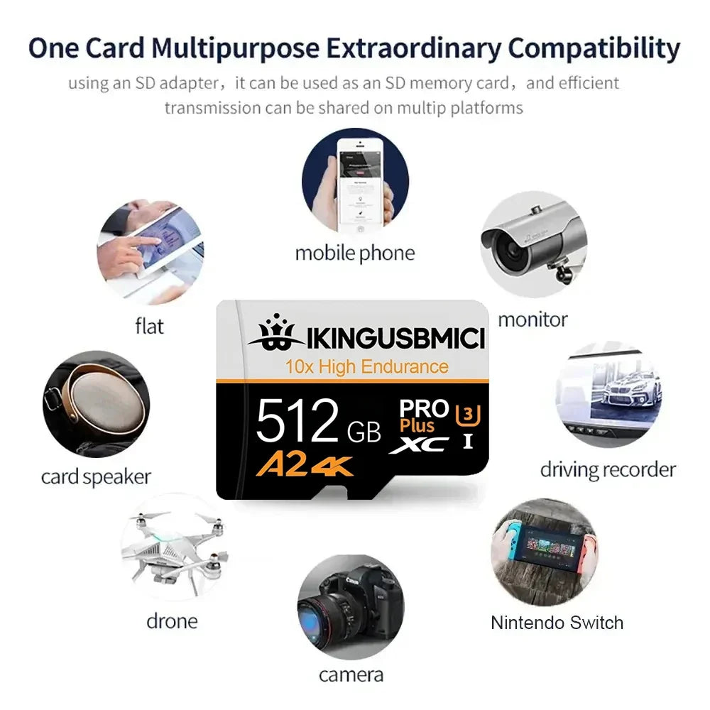 Class 10 U3 V30 Waterproof Memory SD Cards with USB Adapter 128GB 512GB High Speed Micro TF/SD Card for Phone Laptop Camera