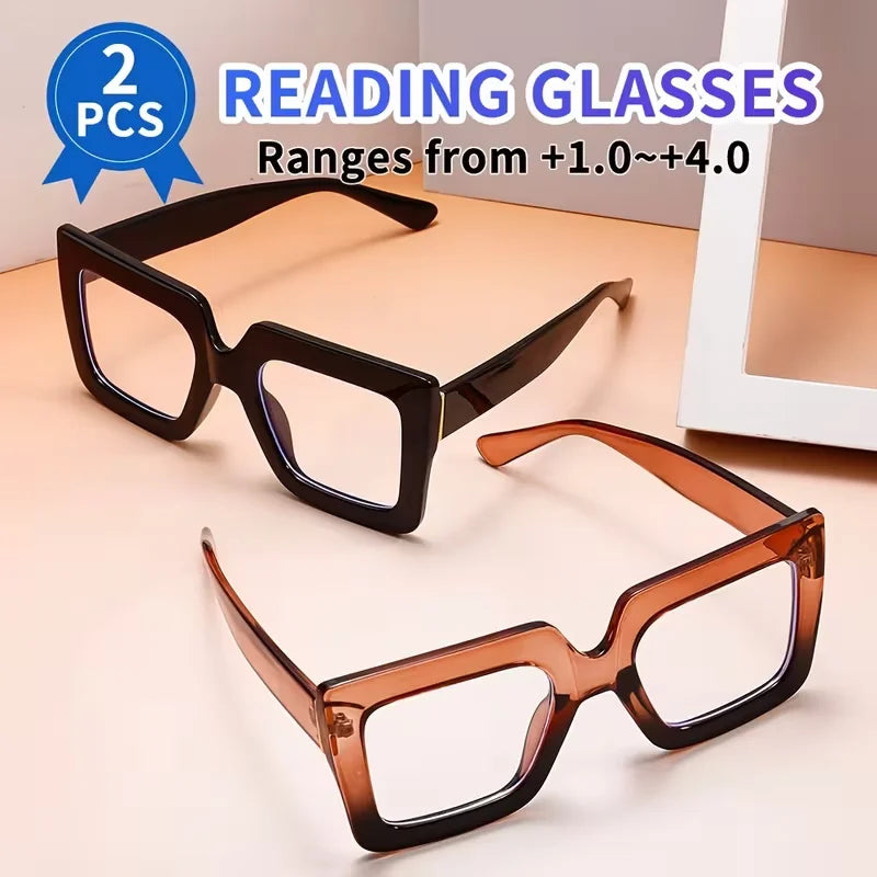 2 PCS Oversized Square Reading Glasses, Anti-Blue Light Eyeglasses, +1.00 to +4.00