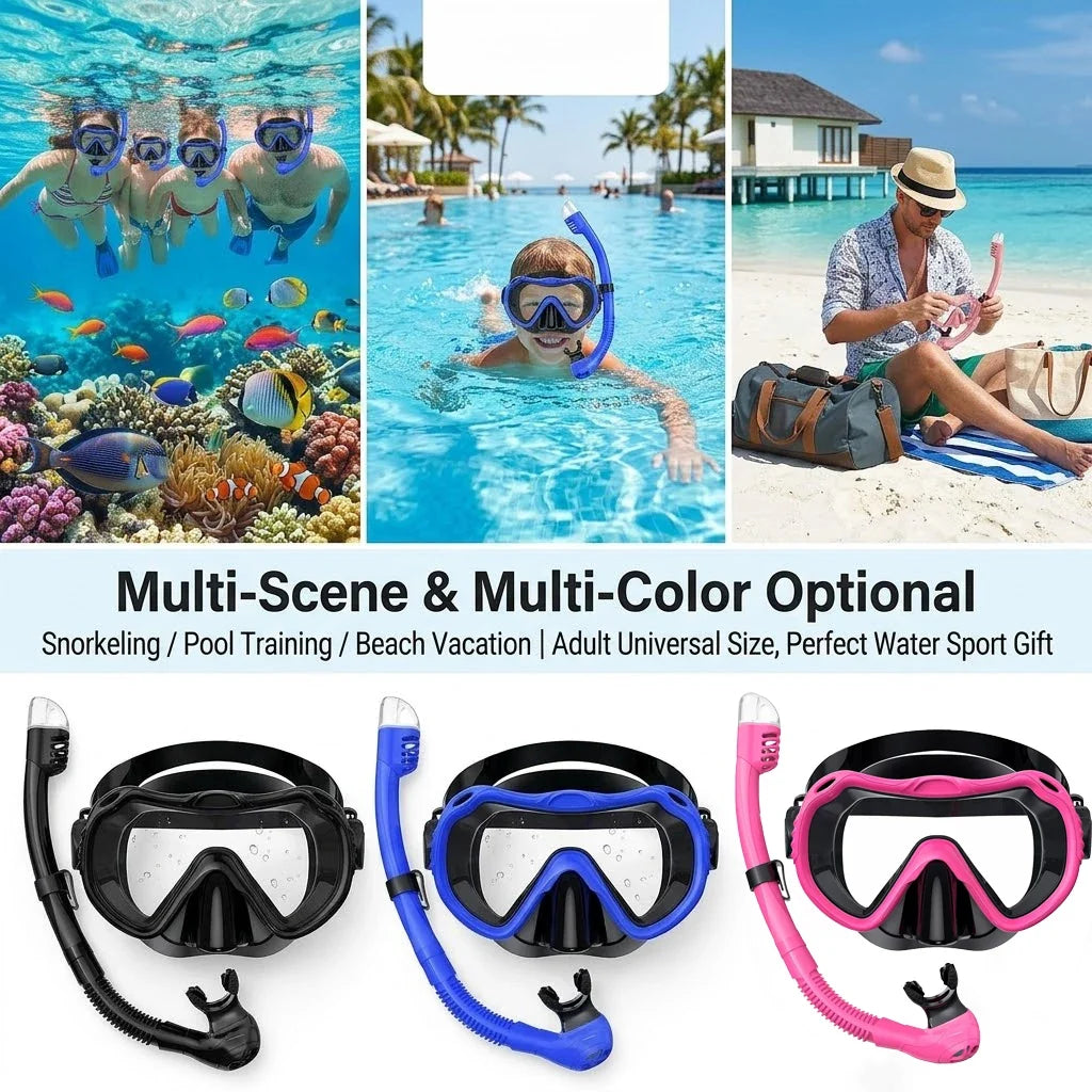 Dry Top Anti-Leak Snorkel Set, Adult Anti-Fog Tempered Glass Mask SoftSiliconeSnorkelTubeforOceanSnorkelingSwimmingBeachVacation