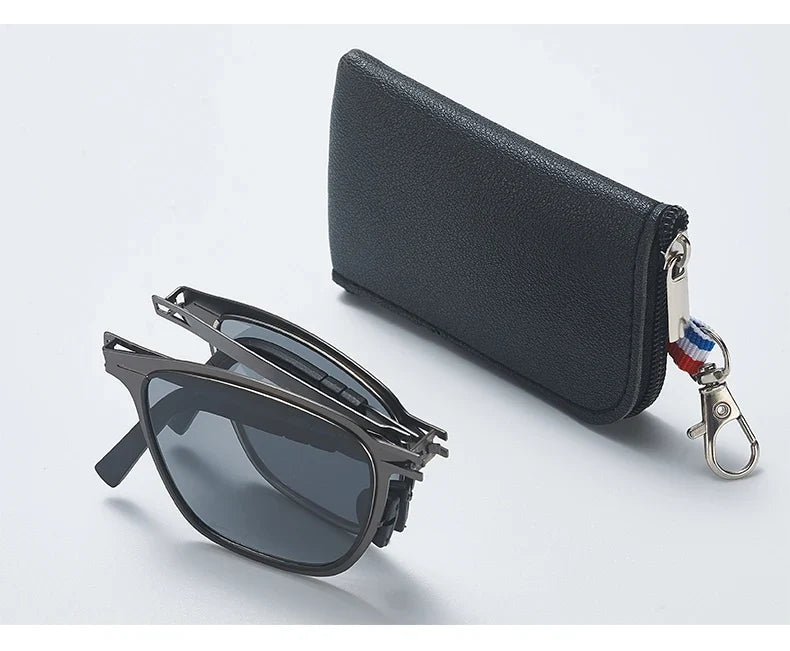 Men Photochromic Polarized Sunglasses Lightweight Foldable With Bag Classic Square Metal Frame hinged For Driving And Fishing