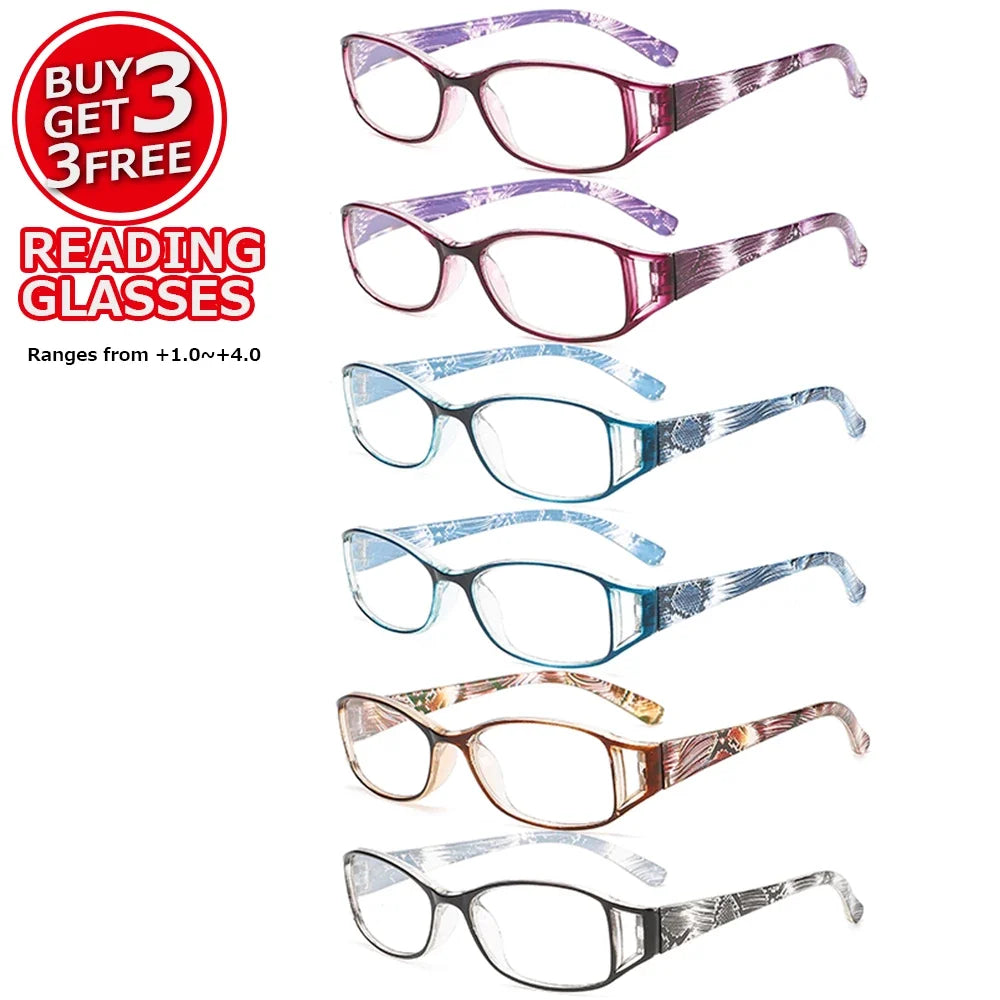 6 Pairs of Women's Rectangular Small Frame Reading Glasses, Textured Printing Design, Anti Blue Light Multi-Color Portable