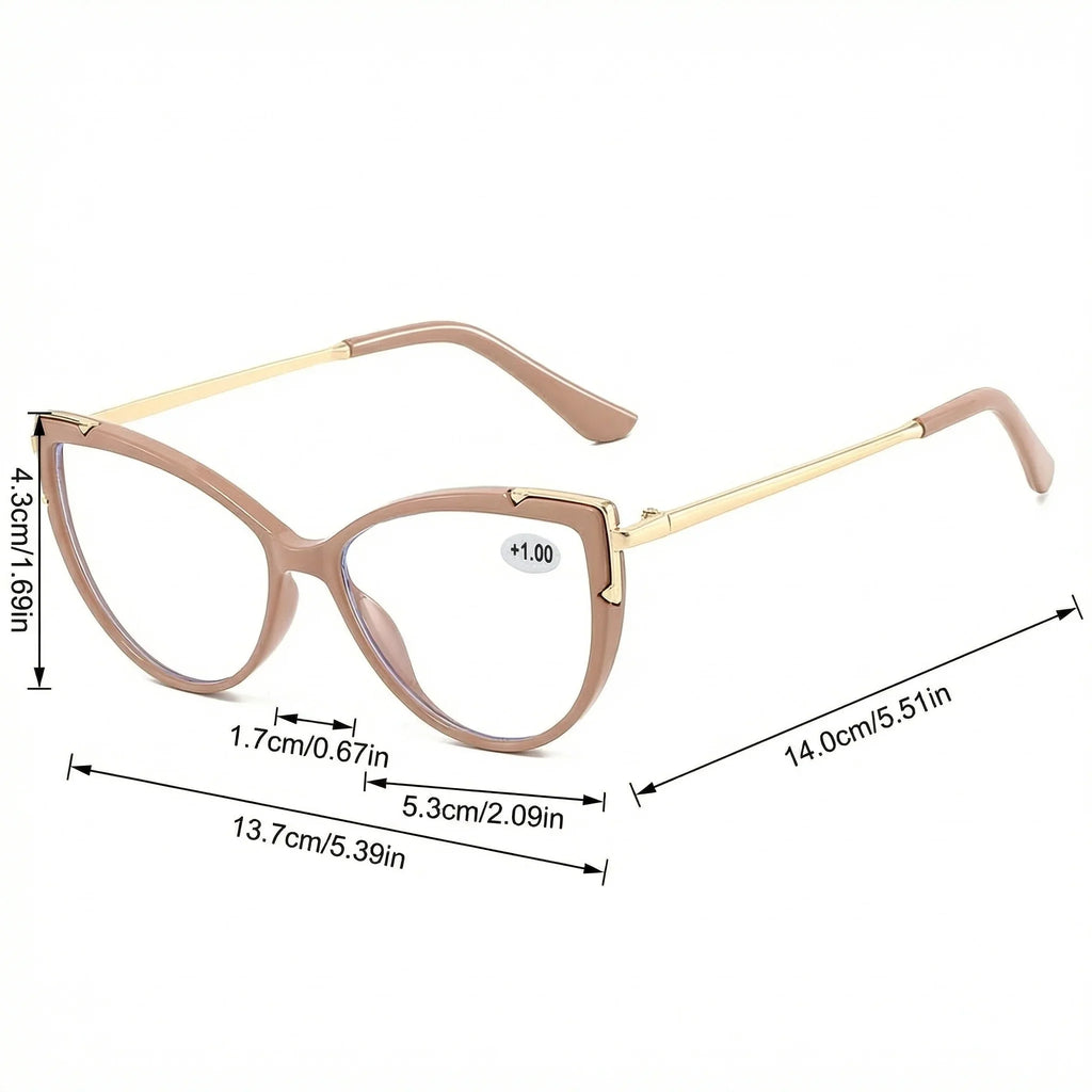 VIOLA MAG Vintage Cat Eye Reading Glasses, Metal Anti Blue Light Glasses, Women's Daily Commuting, Glasses Bag