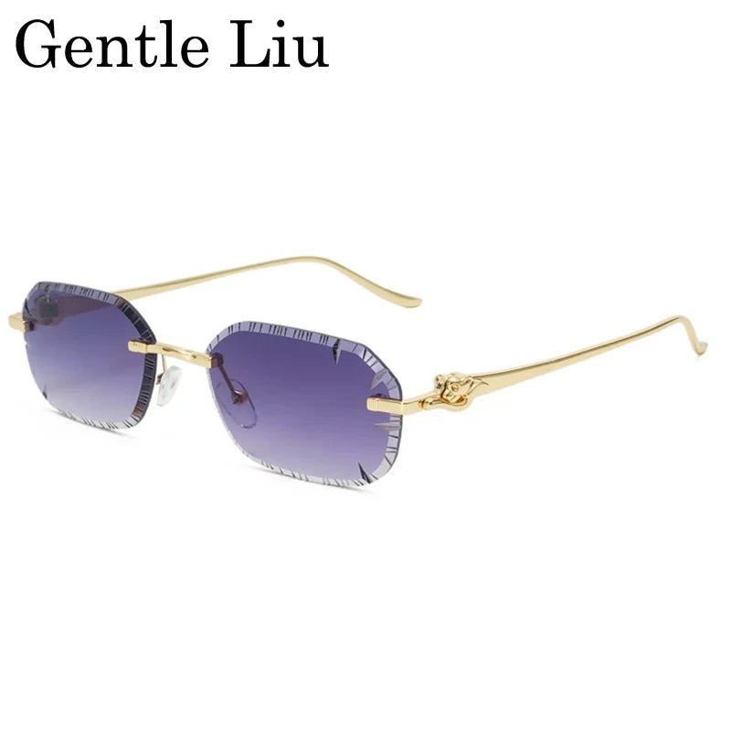 Small Rectangle Punk Rimless Sunglasses Men 2026 Luxury Designer Leopard Head Frameless Cut Edge Shades Retro Gold Metal Eyewear