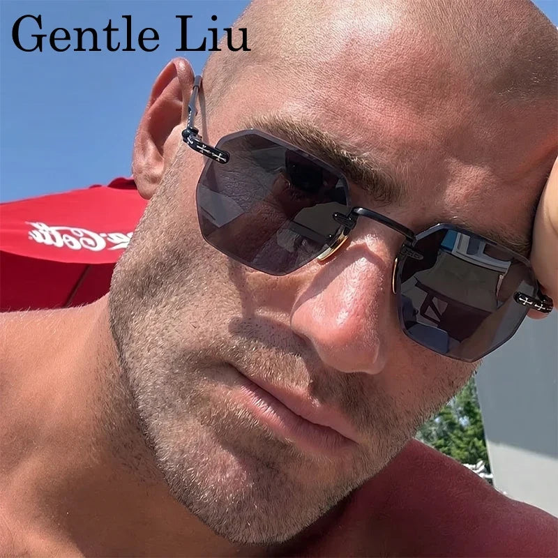 Rimless Square Sunglasses Men 2026 Luxury Designer Trendy Polygon Metal Frame Sun Glasses Y2K Punk Frameless Hip Hop Eyewear