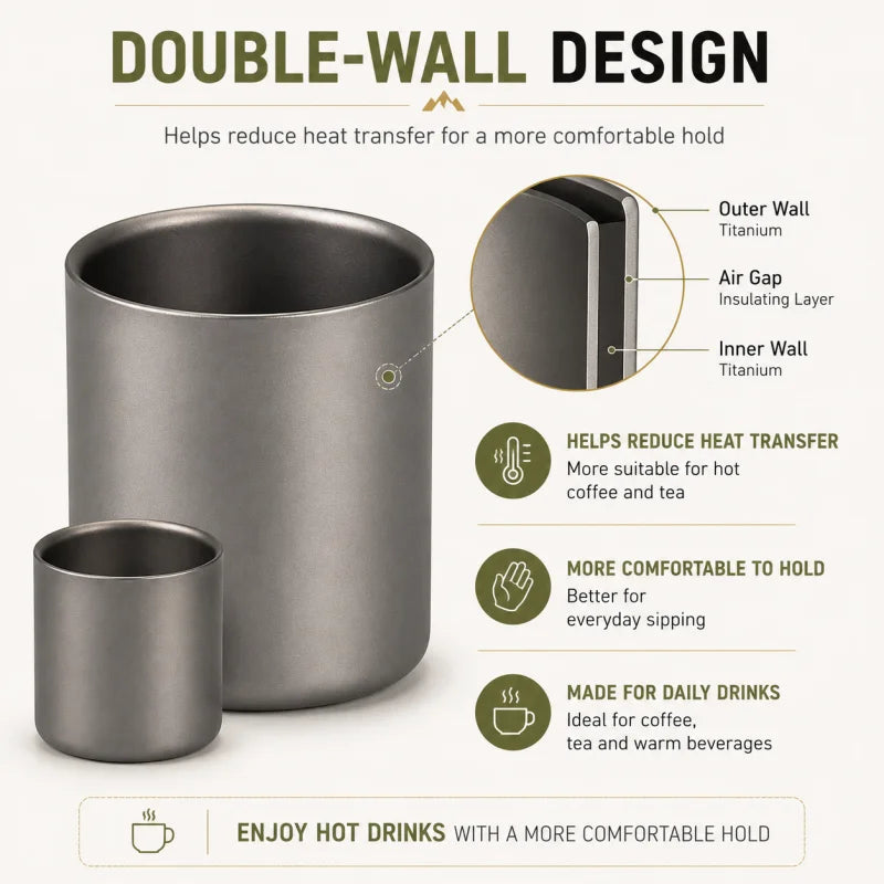 Pure Titanium Double-Wall Cup Set, 100ml & 220ml Coffee and Tea Cups, Lightweight Nesting Drinkware for Home Travel and Outdoors