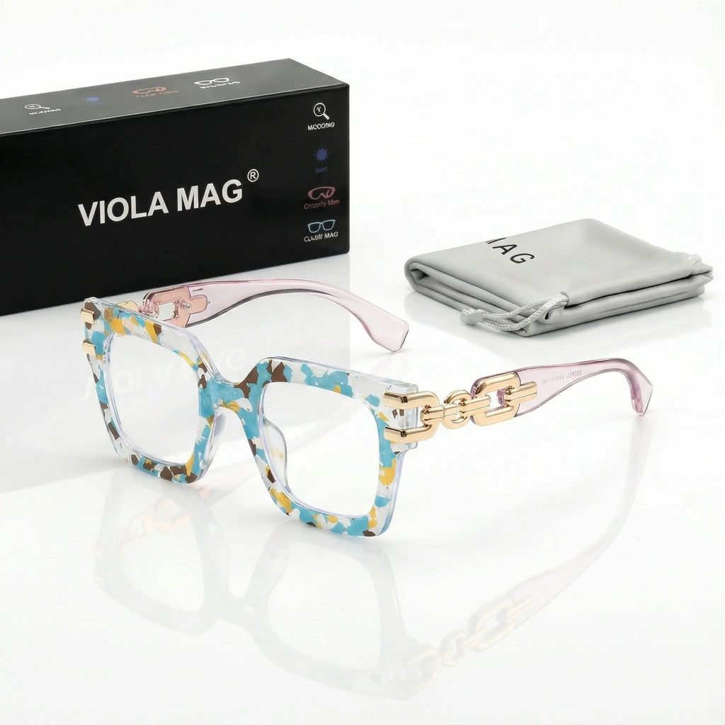 VIOLA MAG Large Frame Square Reading Glasses Chain Decoration, Anti Blue Light Commuting Street Photography Daily, With Box and