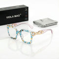 VIOLA MAG Large Frame Square Reading Glasses Chain Decoration, Anti Blue Light Commuting Street Photography Daily, With Box and
