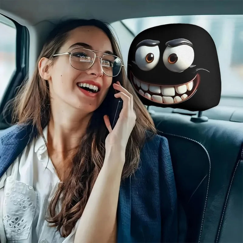 2pcs Funny Big-Eyed Cartoon Print Car Headrest Cover, Suitable For Travel And Daily Commuting,For Halloween Christmas Holiday