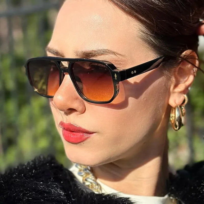 Classic Double Bridges Square Sunglasses Women Men Fashion Clear Ocean Lens Eyewear Trending Rivets Female Sun Glasses UV400