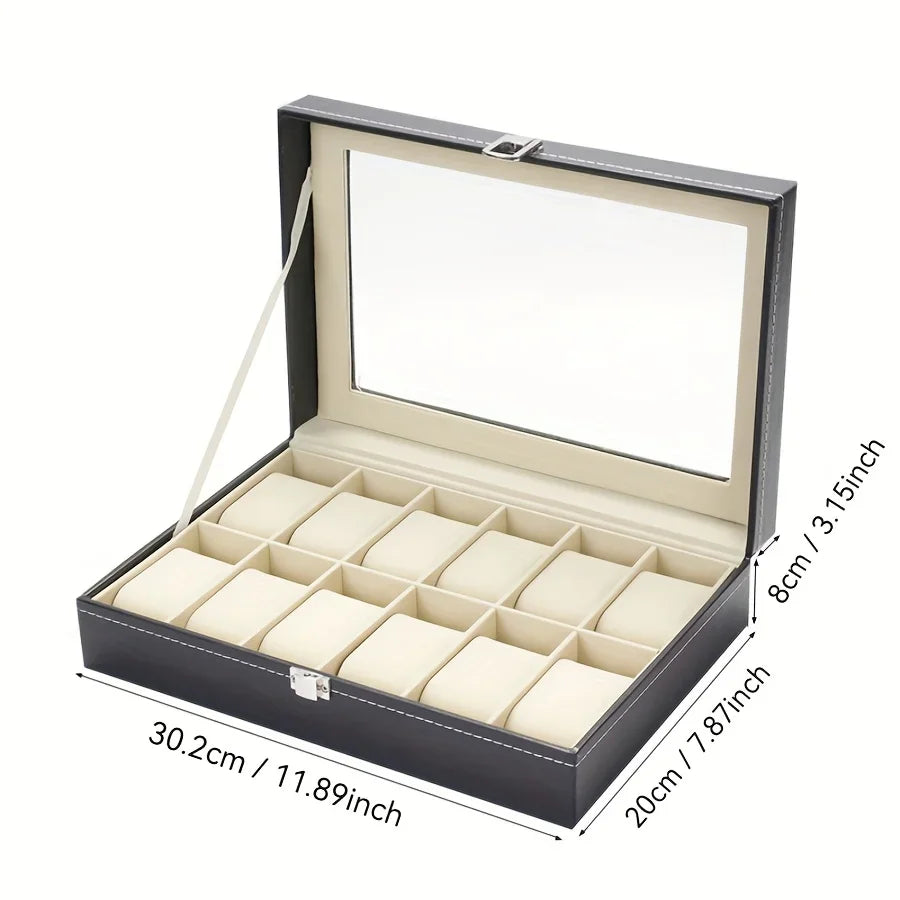 12 Slot Synthetic Leather Watch Display Case 1pc Watch Organizer with Lock Removable Pillows for Men Travel Gift