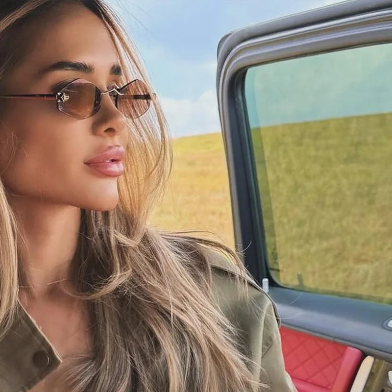 Trendy Rimless Polygonal Sunglasses Stylish Gradient Lens Metal Shades Eyewear Luxury Brand Small Rhombus Vintage Sun Glasses