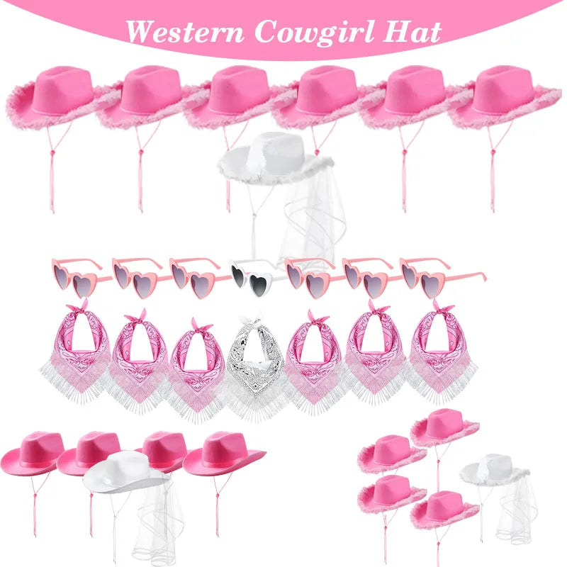 5-12Set Cowgirl Cowboy Hats Bachelorette Cowboy Hats for Bridal Shower Wedding Rhinestone Bandana Heart Glasses for Last Disco