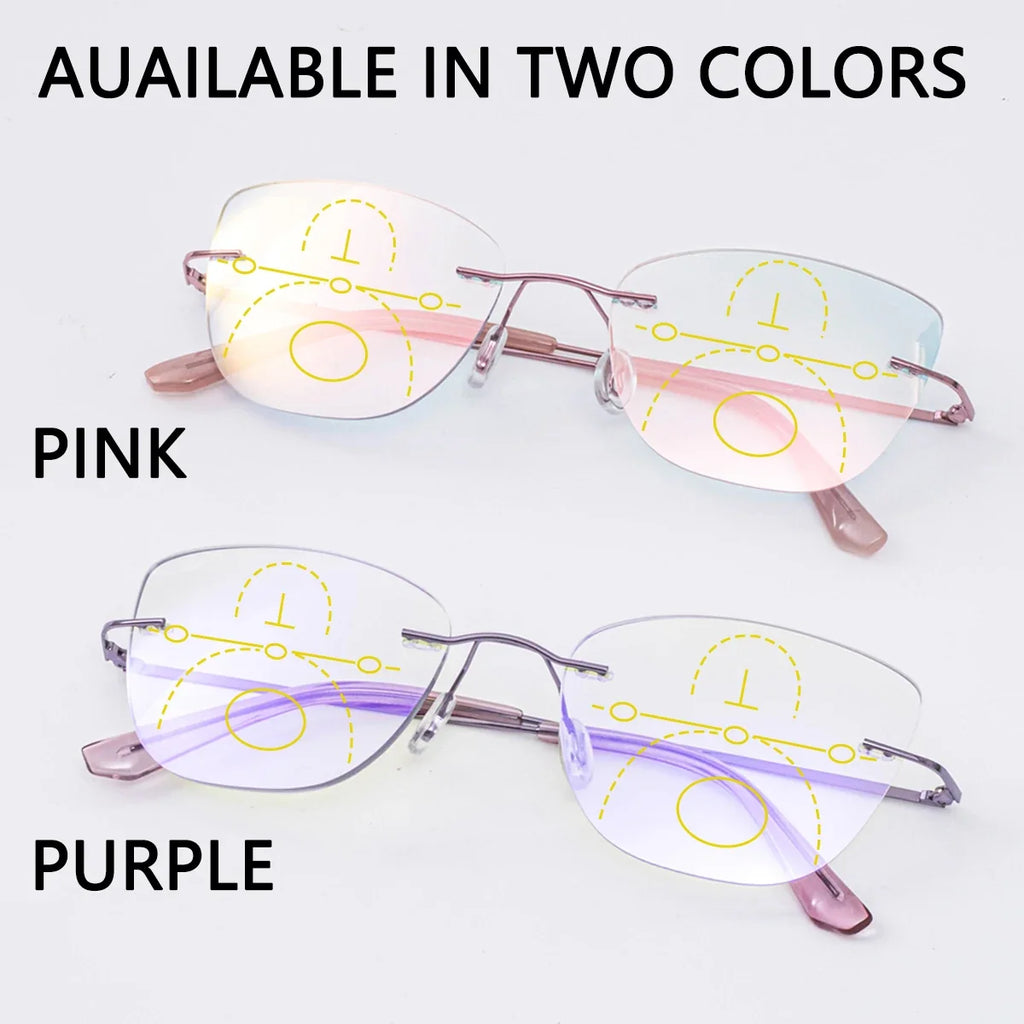 Progressive Multifocal Reading Glasses Women Rimless Anti Blue Light Presbyopic Eyeglasses Luxury Cut Edge Purple Pink Eyewear