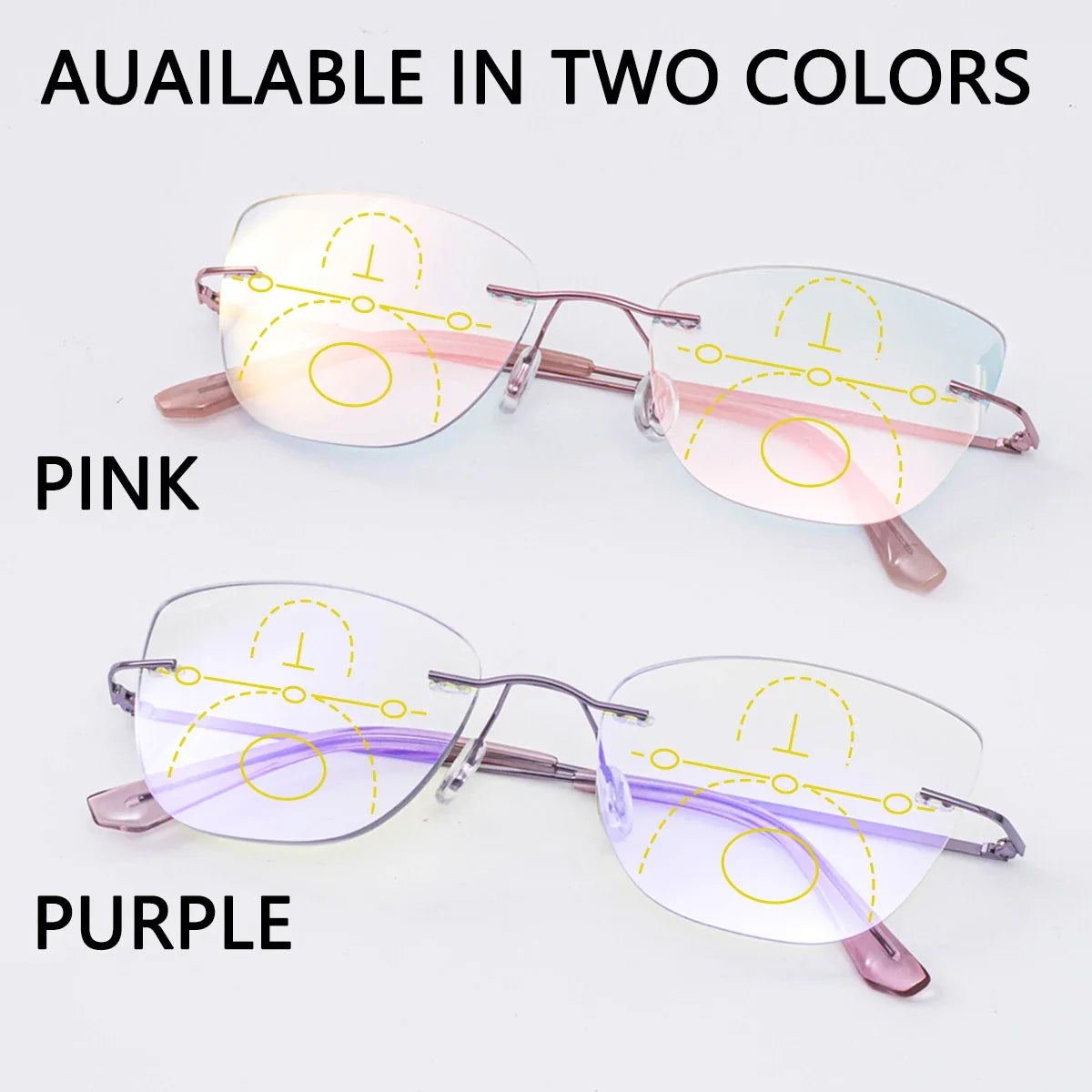 Progressive Multifocal Reading Glasses Women Rimless Anti Blue Light Presbyopic Eyeglasses Luxury Cut Edge Purple Pink Eyewear