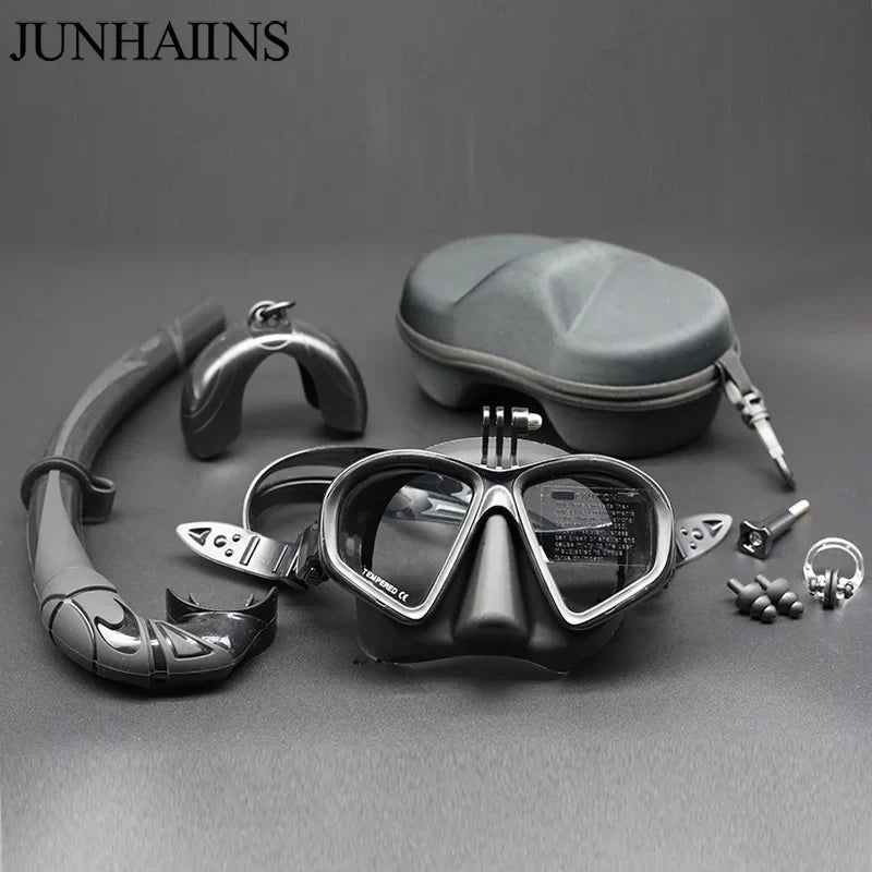 Wet Low Volume Diving Mask Tempered Glass Freedive Mask J-type Diving Mask Snorkel Set with Camera Mount Black