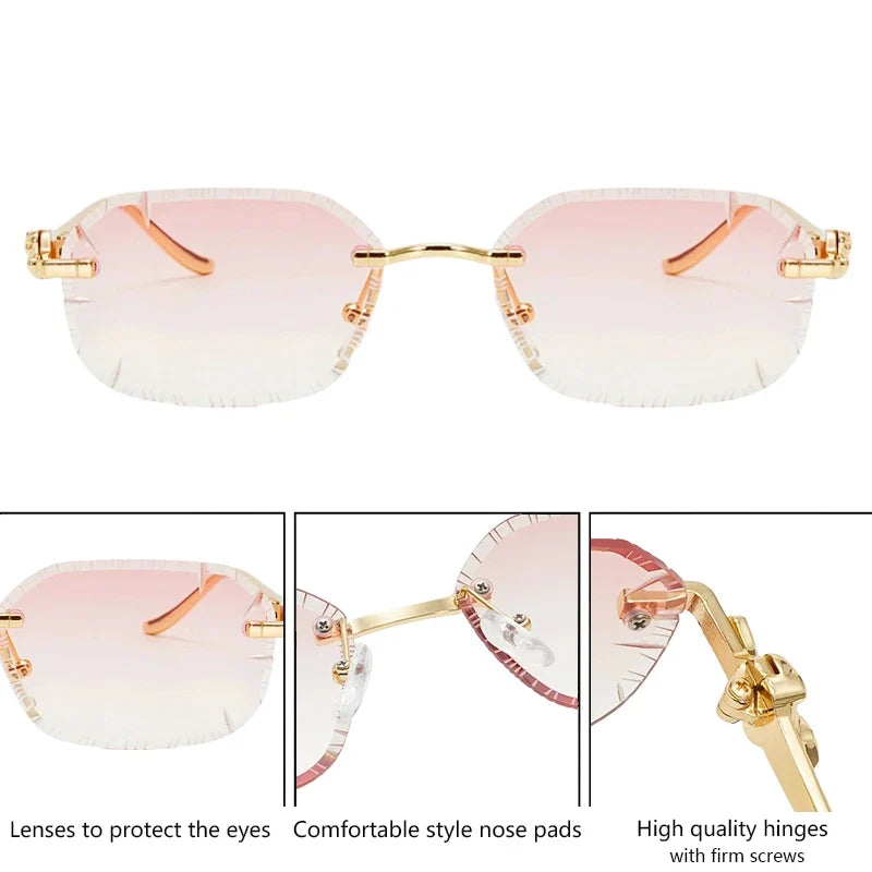 Small Rectangle Punk Rimless Sunglasses Men 2026 Luxury Designer Leopard Head Frameless Cut Edge Shades Retro Gold Metal Eyewear