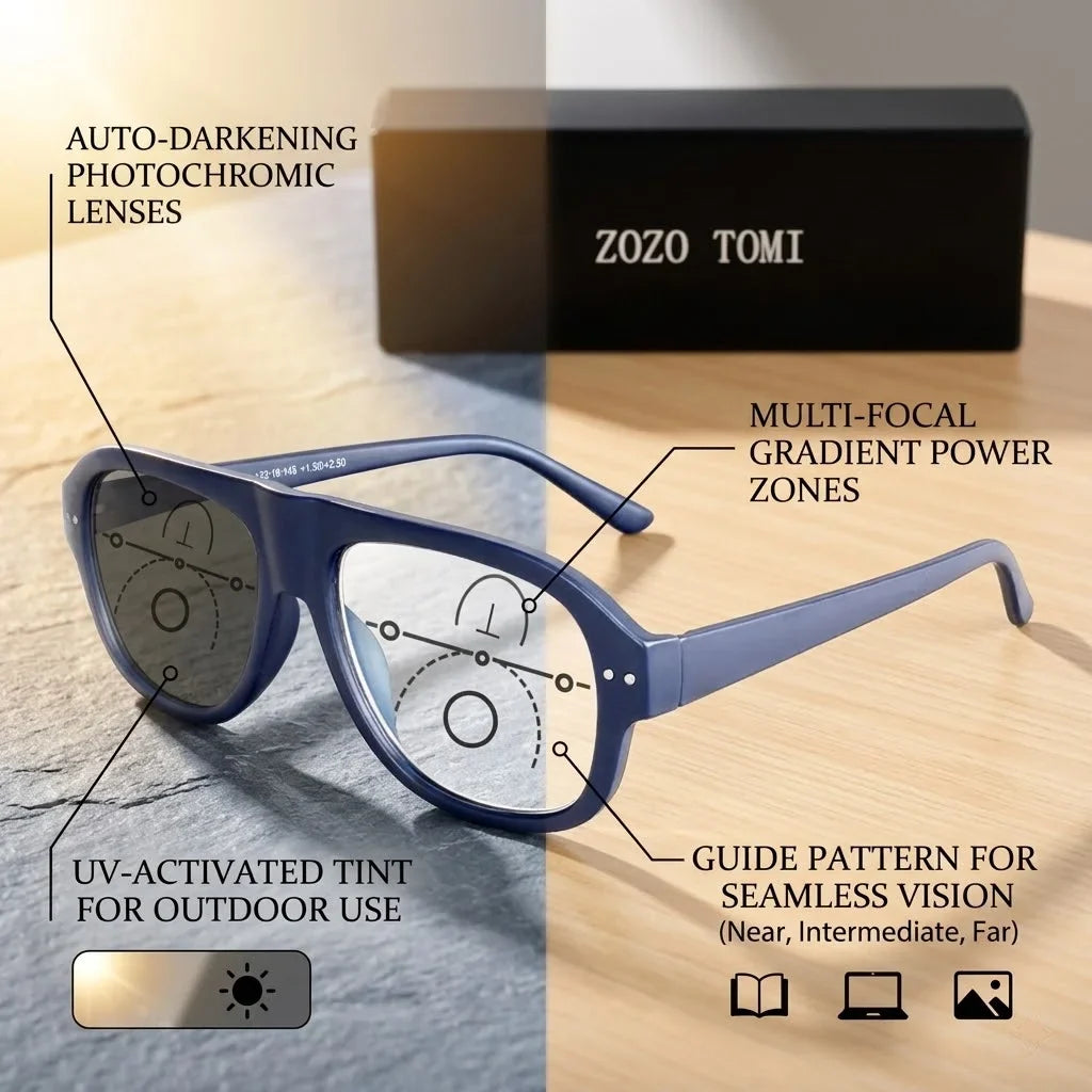 Progressive Multifocal Reading Glasses Men Women Oval Photochromic Presbyopic Eyeglasses Classic Rivet Anti Blue Light Diopter