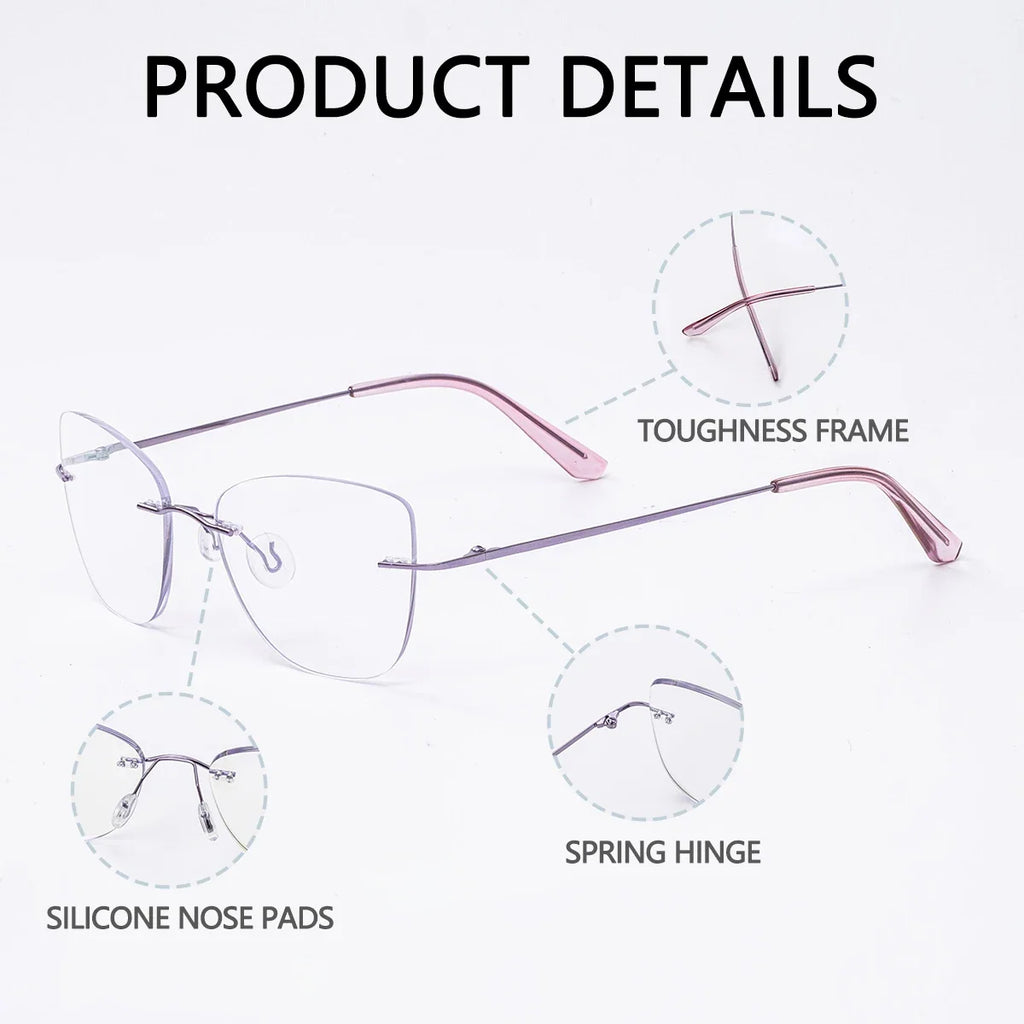 Progressive Multifocal Reading Glasses Women Rimless Anti Blue Light Presbyopic Eyeglasses Luxury Cut Edge Purple Pink Eyewear