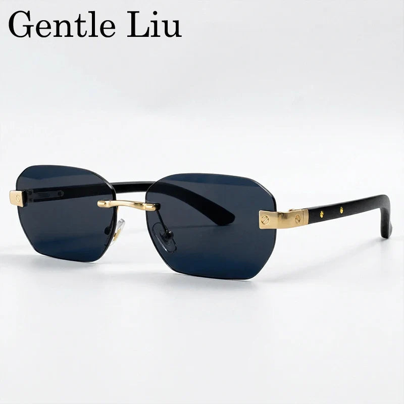 Small Square Rimless Sunglasses Men 2026 Luxury Designer Vintage Polygon Rectangle Shades Gold Metal Eyewear Retro Sun Glasses
