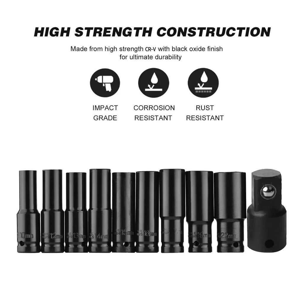 10pcs 1/2 Drive Metric Heavy Duty Impact Socket Set Universal Deep Wrench Sockets for Pneumatic Air Repair Manual Tools