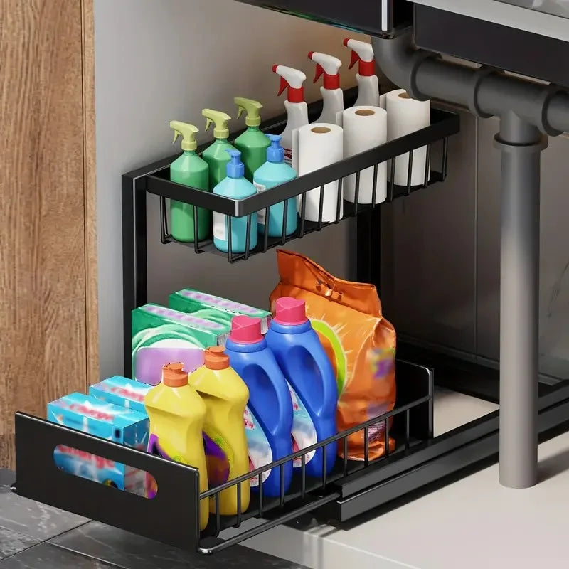 2 Tier Under Sink Organizer Pull Out Storage Rack With Sliding Drawer Wire Basket For Kitchen Bathroom Cabinet Organization