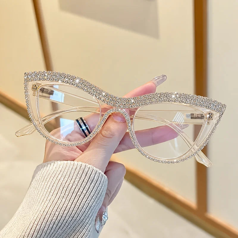 Light Luxury Full Diamond Cat Eye Reading Glasses, Sparkling Rhinestone Frame, Party Outfit, Decorative Glasses