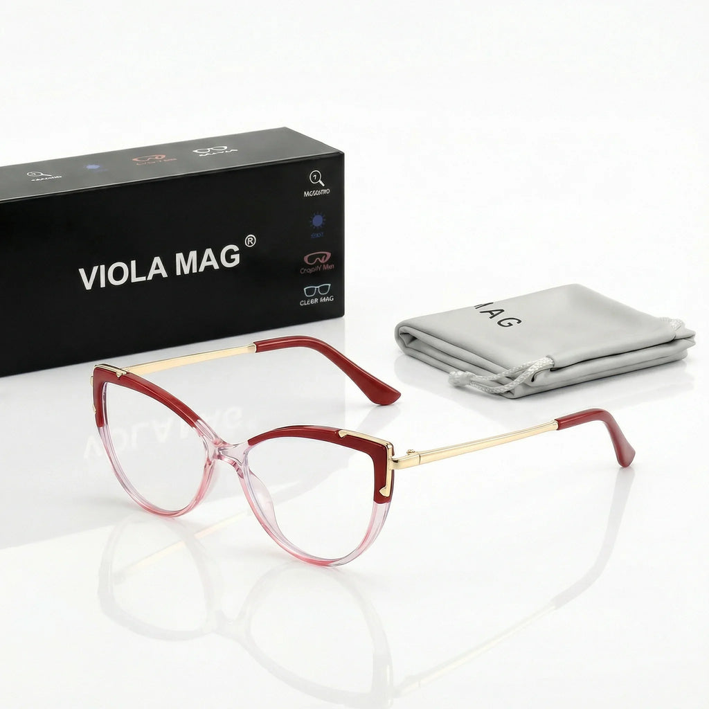 VIOLA MAG Vintage Cat Eye Reading Glasses, Metal Anti Blue Light Glasses, Women's Daily Commuting, Glasses Bag