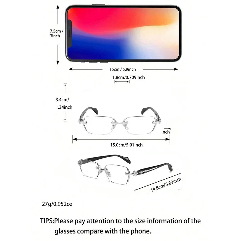 Unisex Rimless Business Glasses for Myopia, Featuring Metal Frames and Photochromic Lenses; Suitable for Daily Office Wear.
