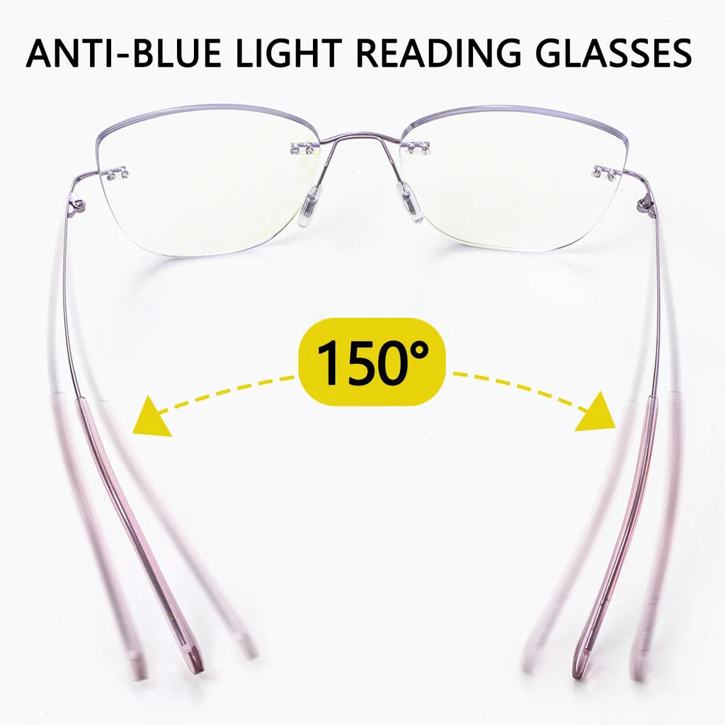 Progressive Multifocal Reading Glasses Women Rimless Anti Blue Light Presbyopic Eyeglasses Luxury Cut Edge Purple Pink Eyewear