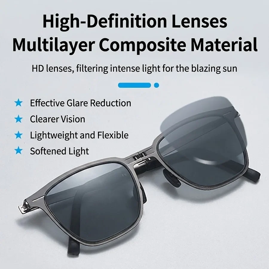 Men Photochromic Polarized Sunglasses Lightweight Foldable With Bag Classic Square Metal Frame hinged For Driving And Fishing