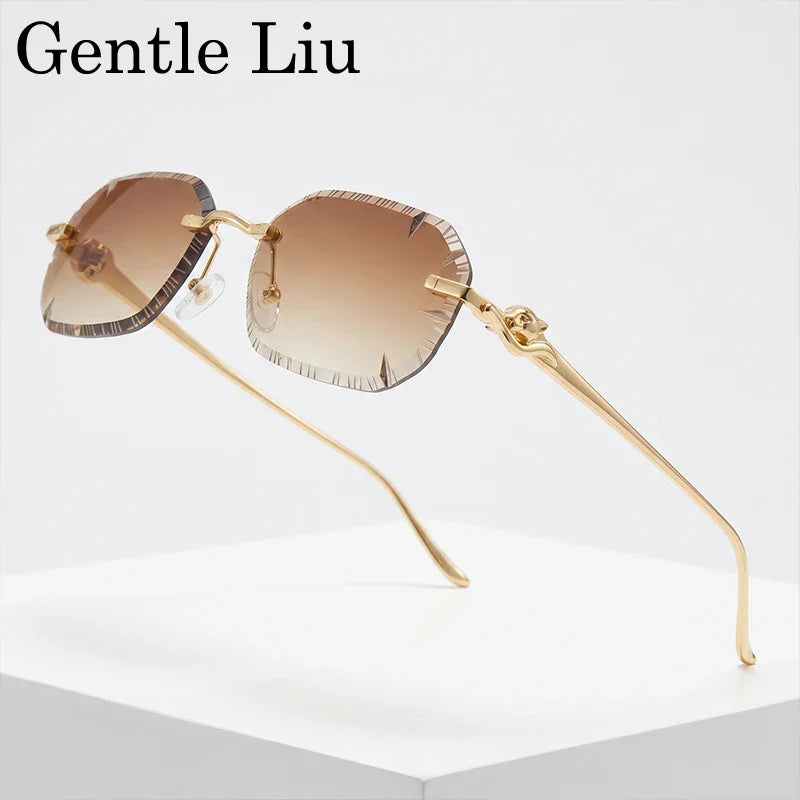 Small Rectangle Punk Rimless Sunglasses Men 2026 Luxury Designer Leopard Head Frameless Cut Edge Shades Retro Gold Metal Eyewear
