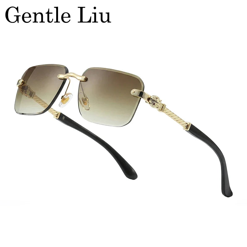 Vintage Rimless Photochromic Sunglasses Men 2026 Luxury Designer Square Frameless Leopard Head Sun Glasses Driving Eyewear Shade