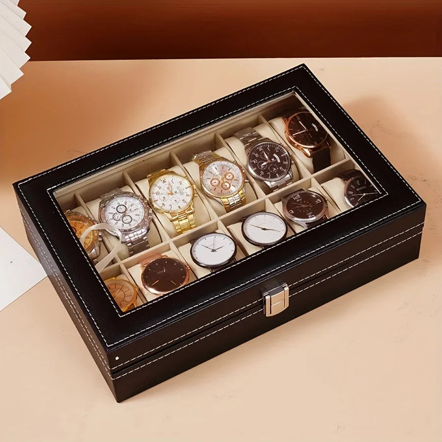 12 Slot Synthetic Leather Watch Display Case 1pc Watch Organizer with Lock Removable Pillows for Men Travel Gift