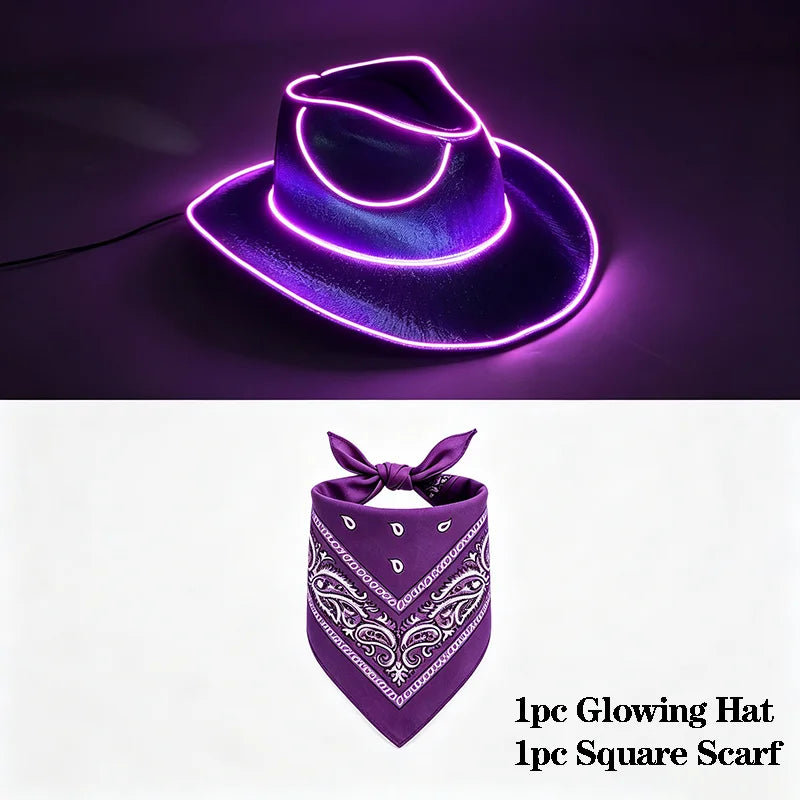 EL Wire Glowing  Cowboy Hat Square Bandana Scarf Set Neon Light Up Hat for Women Men Halloween Rave Party Cosplay Costume Outfit