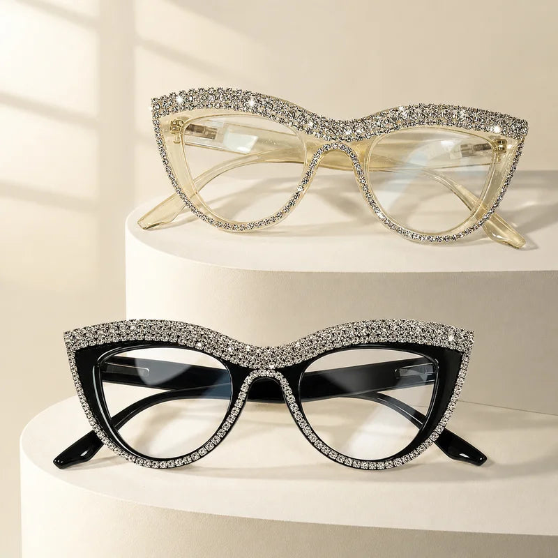 Light Luxury Full Diamond Cat Eye Reading Glasses, Sparkling Rhinestone Frame, Party Outfit, Decorative Glasses
