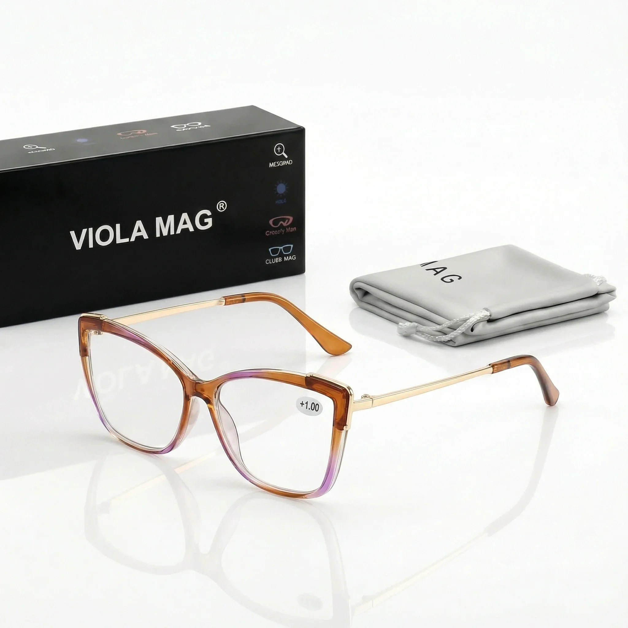 VIOLA MAG Fashion Contrast Cat Eye Reading Glasses, Metal Lens Legs Anti Blue Light, Women's Commuting Office