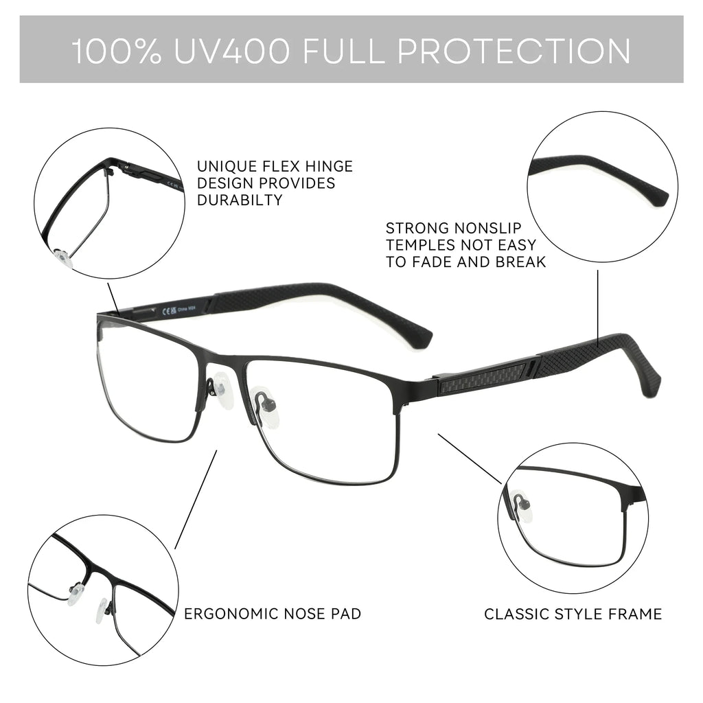 ZENOTTIC Anti Blue Light Reading Glasses for Men Computer Readers Trendy Square High-quality Metal Frame Anti Glare Presbyopic