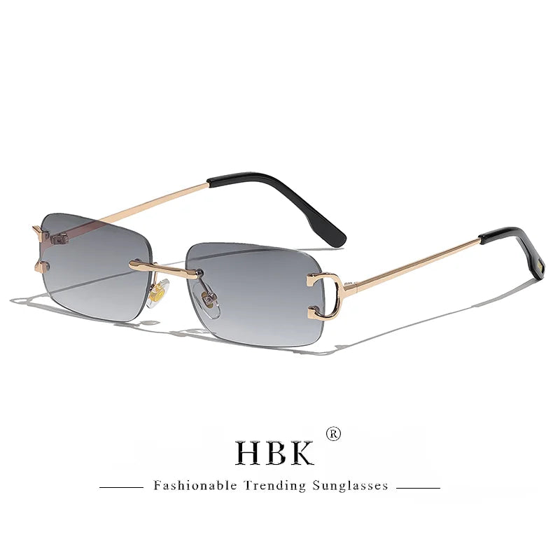 HBK Retro Borderless Sunglasses Women Square Mental Frame Sun Glasses Design Outdoor Party Travel UV400 Glasses Gift Box