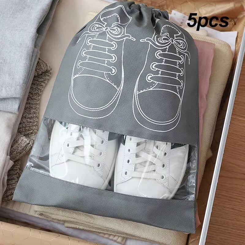 5pcs Shoes Storage Bag Closet Organizer Non Woven Travel Portable Bag Waterproof Pocket Clothing Classified Draw Hanging Bag