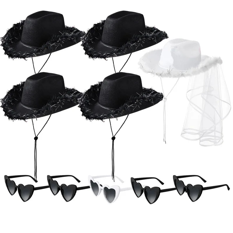 5-12Set Cowgirl Cowboy Hats Bachelorette Cowboy Hats for Bridal Shower Wedding Rhinestone Bandana Heart Glasses for Last Disco