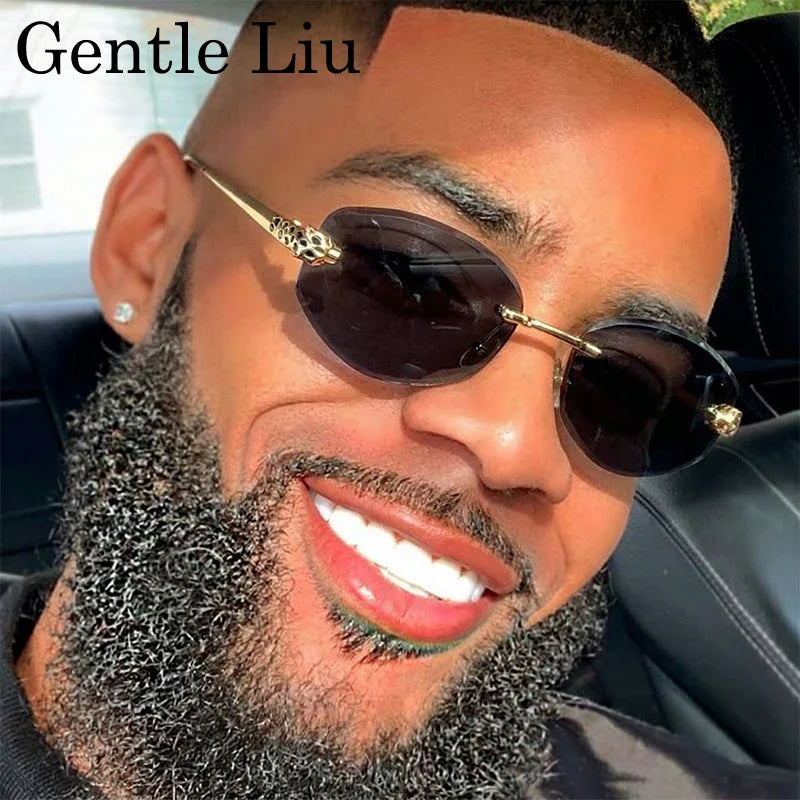Rimless Leopard Head Sunglasses Men Luxury Designer Vintage Small Oval Sun Glasses Male Metal Frame Eyewear Retro Driving Shades