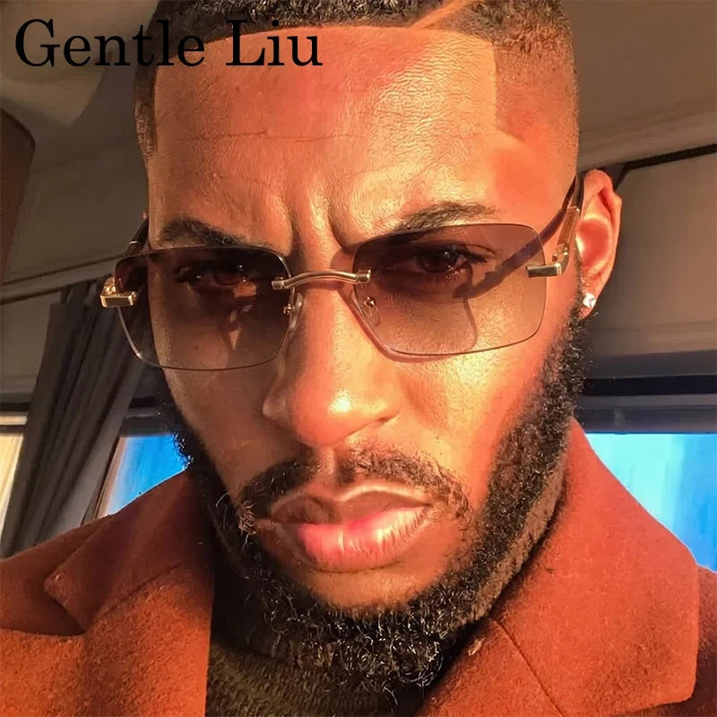 Rectangle Punk Rimless Sunglasses Men 2026 Luxury Designer Trendy Photochromic Sun Glasses Vintage Small Frame Driving Eyewear