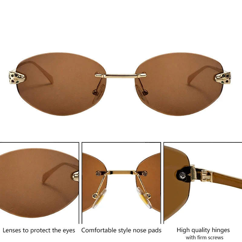 Rimless Leopard Head Sunglasses Men Luxury Designer Vintage Small Oval Sun Glasses Male Metal Frame Eyewear Retro Driving Shades