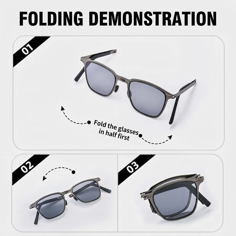 Men Photochromic Polarized Sunglasses Lightweight Foldable With Bag Classic Square Metal Frame hinged For Driving And Fishing